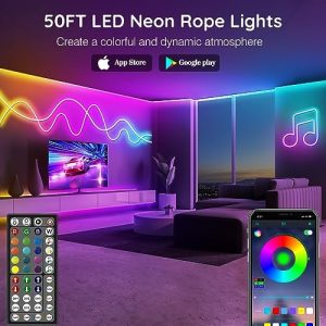 LETIANPAI 50Ft Led Neon Rope Lights,Flexible Led Rope Lights,Multiple Modes,IP68 Outdoor RGB Neon Lights Waterproof,Music Sync Gaming Led Neon Strip Lights for Bedroom Indoor (50FT)