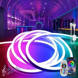 BRIMETI Led Neon Rope Lights, 65ft/20M RGB Neon Led Strip Lights 110-120V Flexible Cuttable Waterproof IP65 Control with App, Music Sync for Indoor Outdoor, with Power Adapter and Remote Control
