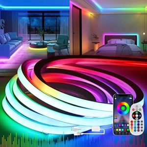 KSIBNW 65.6ft/20m LED Neon Light Strip RGB Dimmbar with Bluetooth App Remote Control,Waterproof IP 65,Music Sync,Multicolor AC 110-120V Flexible LED Rope Light for Home/Garden/Building Decoration