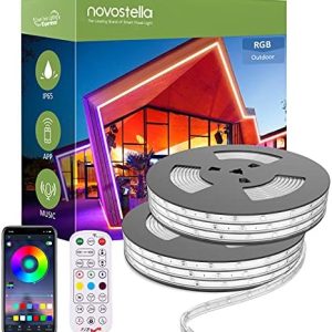 Novostella Smart Outdoor Rope Light, 105ft (52.5×2) Music Sync RGB LED Strip Lights, App Control and RF Remote Color Changing Dimmable Tape Exterior Lighting Kit, for Garden Decorative Party, 24V IP65
