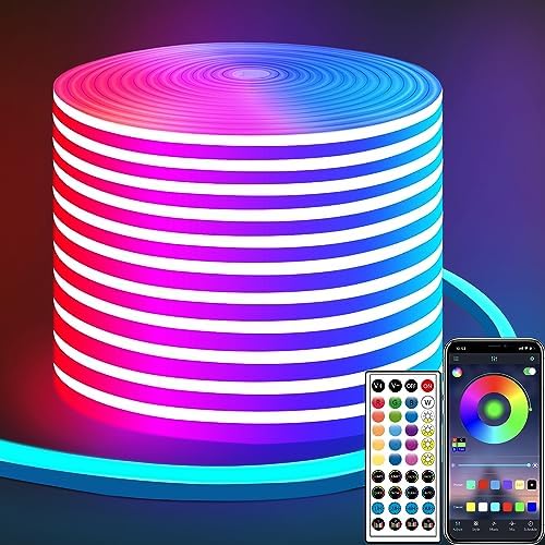Yeewhale 50ft LED Neon Strip Light with Remote APP Control IP65 Waterproof Flexible neon LED Rope Lights 24V RGB neon LED Lights for Bedroom Room Outdoors Décor